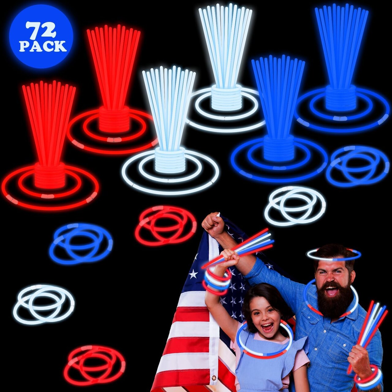 Fourth of July Memorial Day Accessories for Kids, 72 PCS Red White Blue Glow Sticks Party Favors Supplies, Patriotic Treat Goodie Gift Bag Stuffers, Light Up Party Toys Stuff Decor for 4th of July